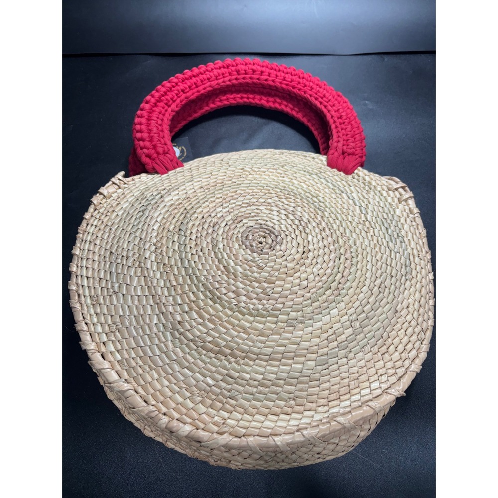By Del Rio Acento Artistico Woven Straw Round Lip Sequin Tote Bag Red Crochet‎ - Picture 2 of 8